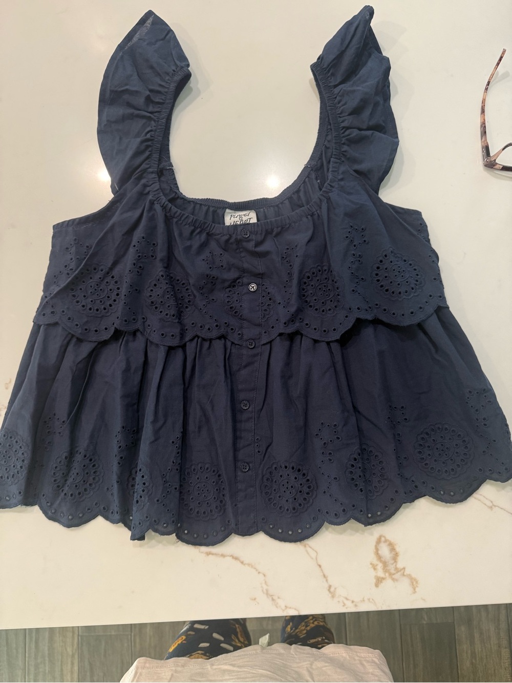 Women’s Navy Eyelet Ruffle Crop Top